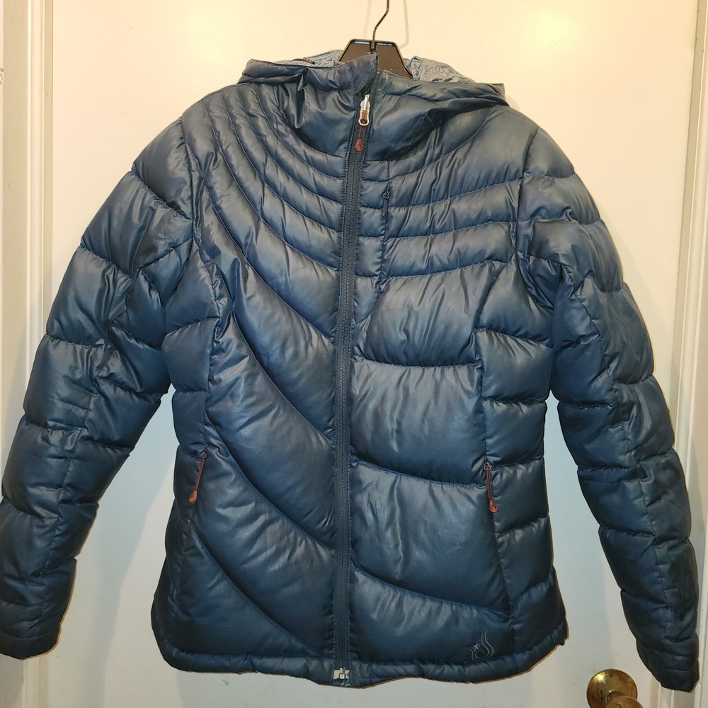 Isis Reversible Down Puffer Jacket Blue Paisley Hooded Full Zip Womens RN 102547